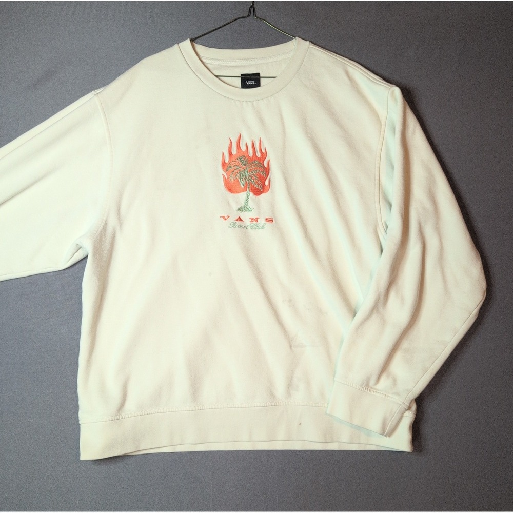 Vans Resort Club Sweatshirt Flaming Palm Tree White XL Pullover Mens